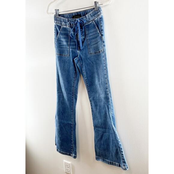 Risen Denim Mid Rise Flare Jeans With Drawstring and Front Pockets Blue 5 / 27 - Picture 8 of 13